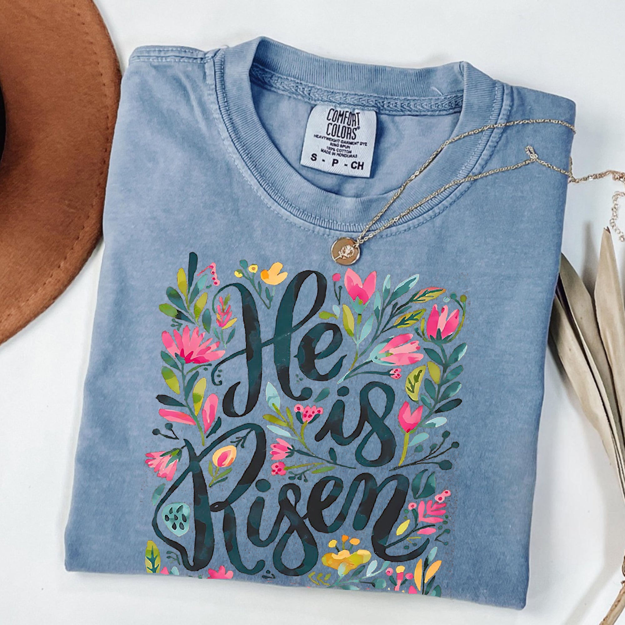 Comfort Colors® He Is Risen Easter Shirt, Floral Easter T-Shirt, Jesus Easter Tee for Women, Christian Easter Gift, Religious Apparel